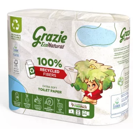 Lucart GRAZIE NATURAL háztartási toalettpapír, 3 rétegű, 4 tekercses
